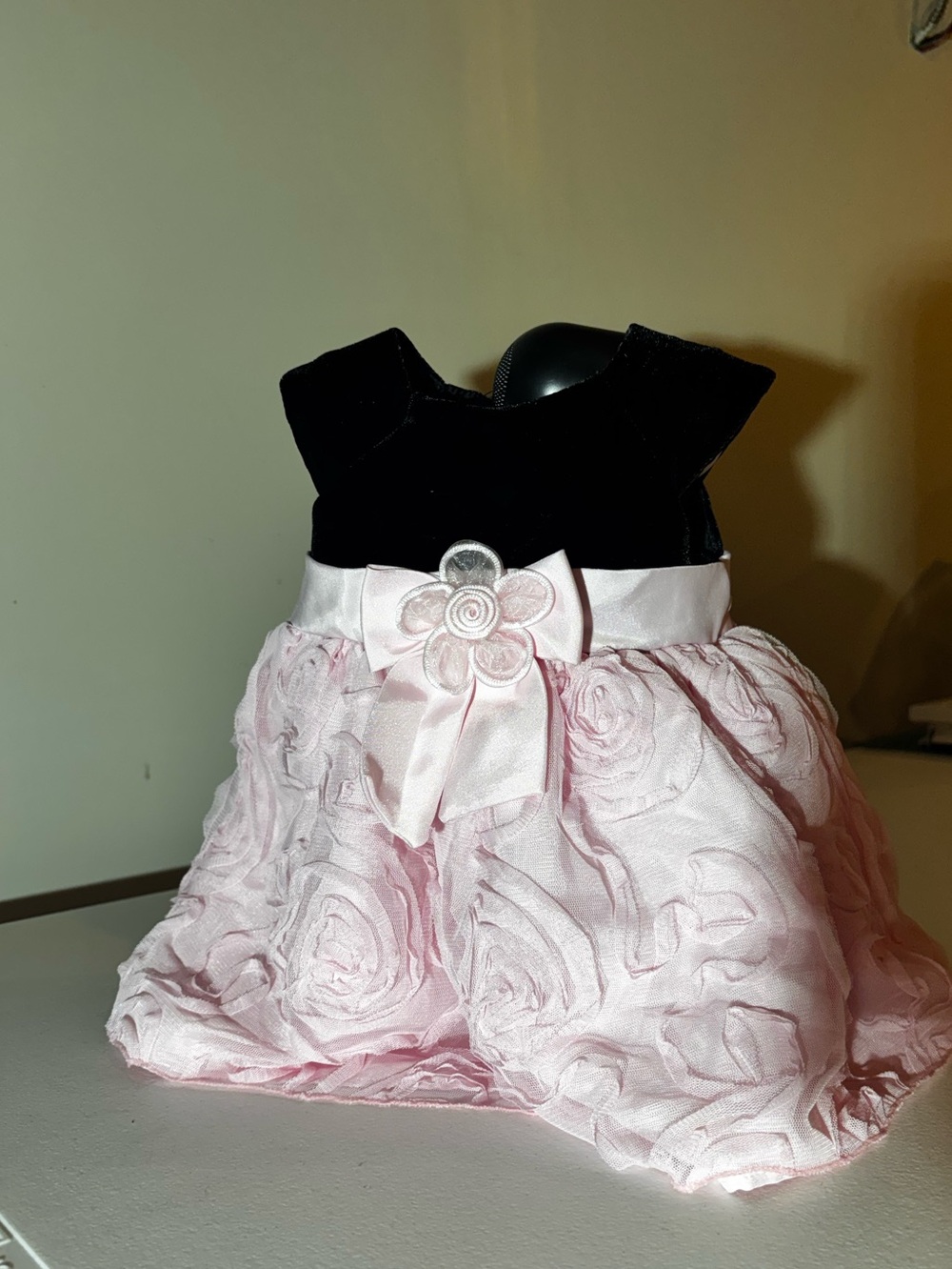 Youngland Black Velvet and Light Pink Rosette Bow Party Dress